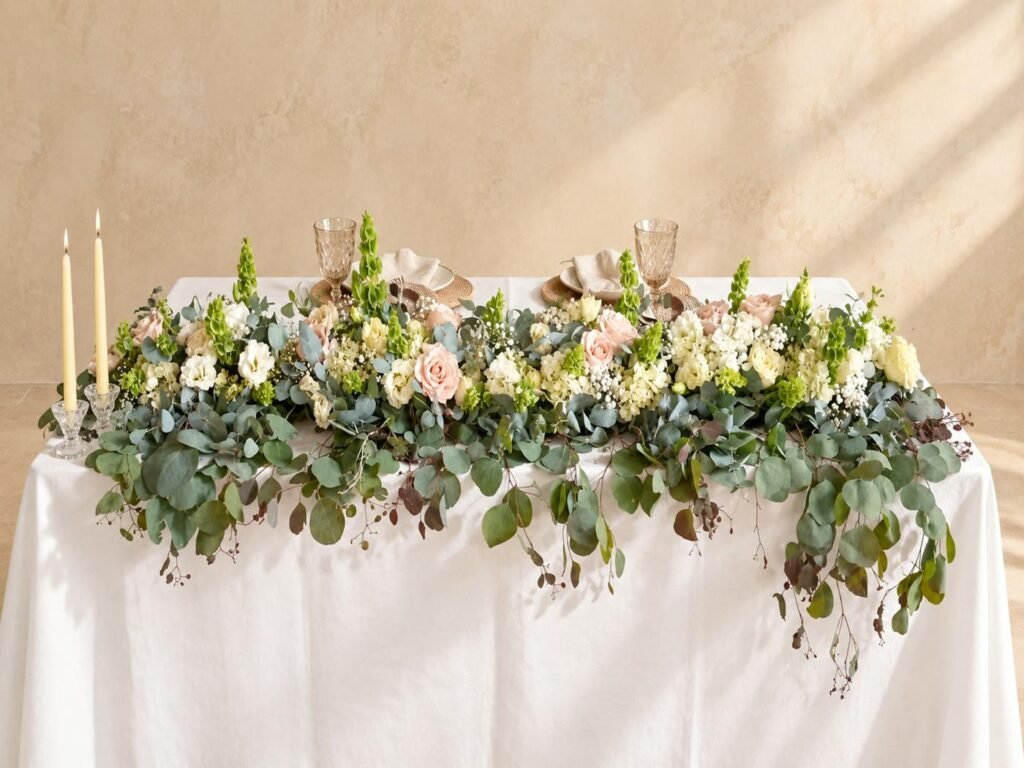Arte floral romántico: guirnalda sobre la mesa principal