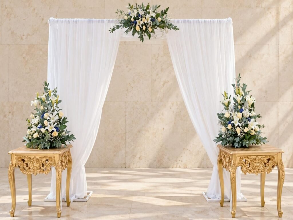 Arco de ceremonia con telas y flores
